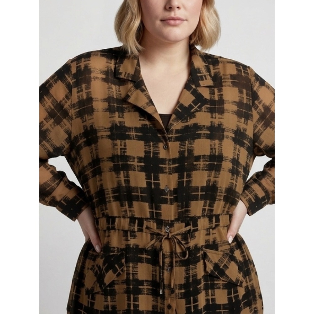 Calvin‎ Klein Womens 1X Ochre Black Abstract Grid Drawstring Waist Blouse Top